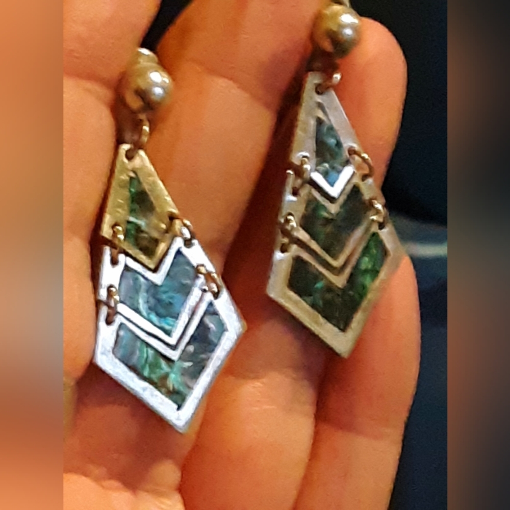 Vintage Sterling Silver with Iridescent Abalone Inlay Earrings